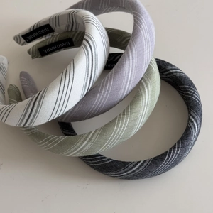 Striped fabric headband set with handmade label in black, purple, green and gray colors
