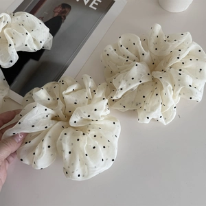 Elegant cream polka dot mesh oversized hair scrunchie made of premium sheer chiffon fabric