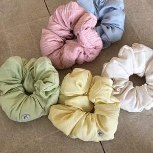Korean Style Cream Puff Soft Fabric Hair Scrunchie Wrinkled Ponytail Holder Sweet Macaron Color Hair Tie With Bow Decoration