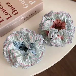 Korean Style Sweet Gingham Ruffled Scrunchies For Women Blue Pink Plaid Pleated Edge Fabric Hair Ties Aesthetic Hair Accessories