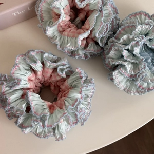 Three-piece Korean style large blue scrunchies with pink scalloped edges and gingham core