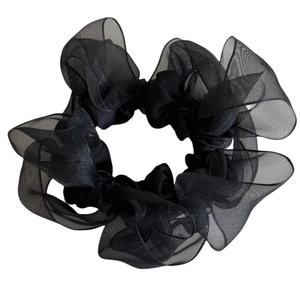 Eleganter schwarzer Organza-Haargummi mit mehrlagigem Netzdesign und Schleifenknoten