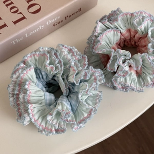Detail of ruffled scrunchies set featuring plaid patterns and colorful lace trim