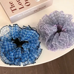 Large Korean Mesh Plaid Scrunchie Lace Ruffled Oversized Elastic Hair Tie Sweet Ponytail Holder Women Hair Accessories