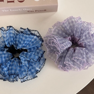 Blue plaid and lilac gauze scrunchies with lace trim and elegant oversized design