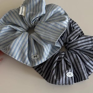 Blue and grey striped scrunchie set with happiness tag and cute bow pattern logo