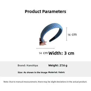 Blue striped fabric headband dimensions and weight 27.6g shown on white background