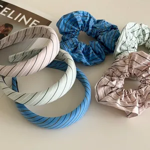 Korean Style Striped Cotton Fabric Headband And Scrunchie Sweet Fresh Pink Blue Green Hair Accessories For Women Handmade