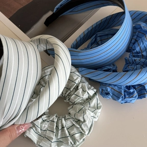 Pastel striped cotton headband and scrunchie set in mint green and navy blue