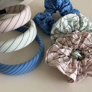 Striped fabric headband and scrunchies set in pink, mint green and blue colors