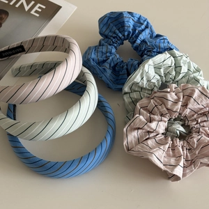 Striped pastel cotton headband and scrunchie set in pink, mint green and light blue