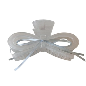 Elegant large white translucent bow hair claw clip with light blue ribbon accent
