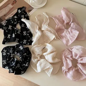 Large Bow Embroidered Scrunchie Elegant Organza Hair Ring Soft Tulle Hair Ties Ponytail Holder For Women Girls Hair Accessories