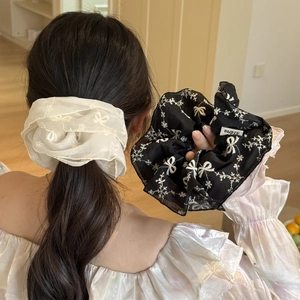 Elegant large organza scrunchies with butterfly embroidery in beige and black set