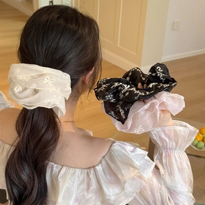 Elegant oversized mesh scrunchies with bow and floral embroidery in black white and pink