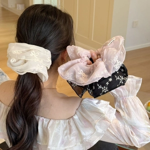 Elegant large organza scrunchies with bow embroidery in beige pink and black