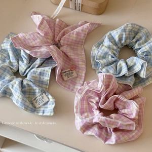 Korean Style Plaid Fabric Scrunchies Large Checkered Hair Ties For Women Girls With Decorative Button Label Hair Accessories