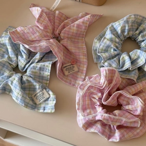 Korean style plaid scrunchie set in pink and blue with happy smile woven labels