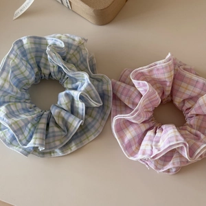 Pink and blue plaid checkered scrunchies set for ponytail hair styling