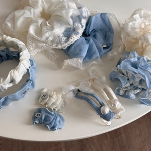 Ensemble chouchous en dentelle bleu et blanc et pince à cheveux perle pour femmes