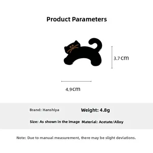 Detailed view of black cat acetate hair clip with dimensions 4.9cm by 3.7cm and 4.8g weight