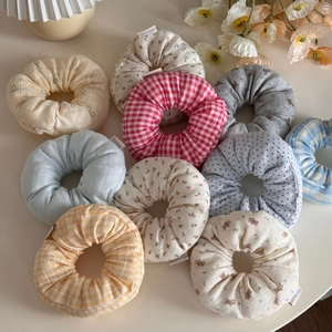 Floral plaid fabric scrunchies in various colors for elegant hair styling for women