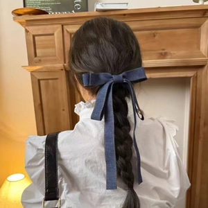 Koreanischer Stil Denim Schleife Haarspange Mit Langen Bändern Handgefertigte Denim Stoff Legierung Clip Süßer Prinzessin Haarschmuck Für Damen