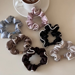 Set of 6 French style satin scrunchies with white piping for elegant hair styling