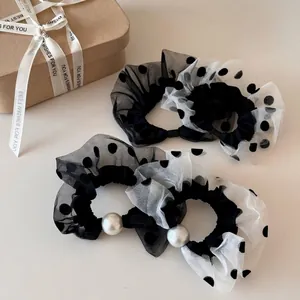 French Mesh Polka Dot Scrunchies For Women Vintage Pleated Faux Artificial Pearl Hair Ties Large Elastic Hair Bands Hair Accessories