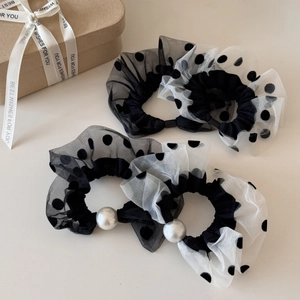French vintage polka dot mesh scrunchies with elegant pearls for stylish ponytails