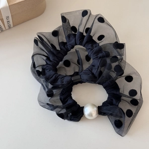 Elegant mesh polka dot hair scrunchies set with a large white pearl accent