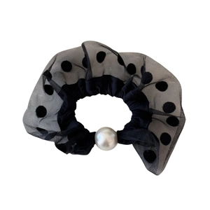 Elegant black mesh polka dot scrunchie with a large white pearl bead for hair styling