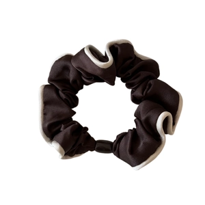 French satin scrunchie in coffee brown with white contrast edges and high elasticity