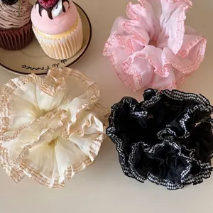 Korean Style Plaid Trim Mesh Large Scrunchie For Women Girls Sweet Elegant Pleated Fabric Hair Tie Elastic Ponytail Holder