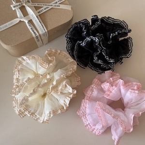 Three plaid lace organza hair scrunchies in black, cream and pink with gift box decoration