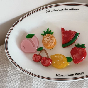 Fermaglio per Capelli in Acetato a Forma di Frutta Cartone Animato Fragola Limone Ciliegia Uva Anguria Pesca Strass Accessori Capelli