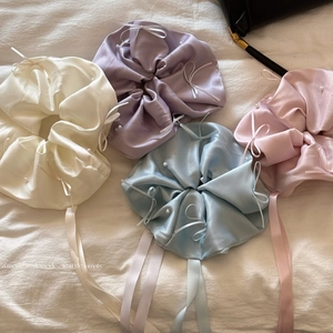 Grand Chouchou Élégant en Satin Avec Nœud en Künstliche Perles Et Long Ruban Style Français Doux Accessoire De Coiffure Pour Femmes