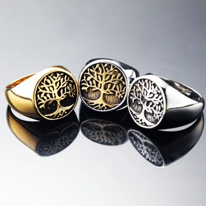 Retro Tree of Life Stainless Steel Signet Ring For Men Punk Viking Style Relief Band Ring Silver Gold Two-Tone Jewelry