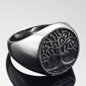 Retro stainless steel Tree of Life signet ring with silver finish on dark mirror