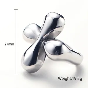 Sleek stainless steel cross flower ring, 27mm height and 19.5g weight, silver finish