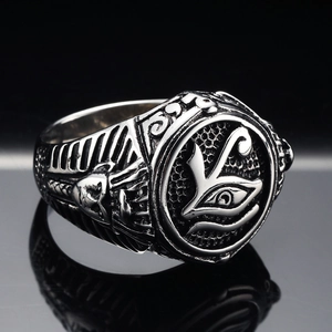 Vintage stainless steel signet ring for men featuring the Eye of Horus mystic engraving