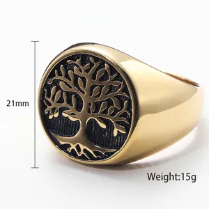 Vintage Tree of Life gold signet ring for men in stainless steel with 21mm round face