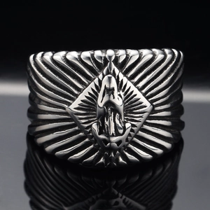 Bague Vierge Marie en Acier Inoxydable Vintage pour Hommes Retro Religieuse Notre Dame De Guadalupe Sunburst Band Ring Bijoux Hip Hop