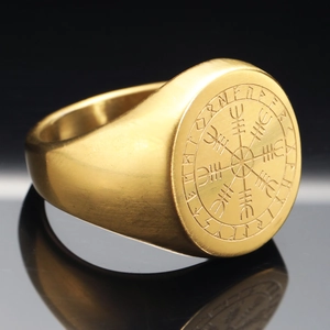 Mens vintage stainless steel signet ring featuring engraved Viking Vegvisir compass symbol