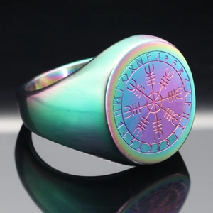 Rainbow plated stainless steel Viking Vegvisir ring with Nordic rune engravings