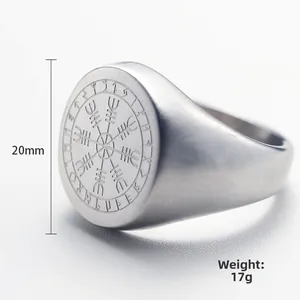 Punk silver stainless steel Viking compass seal ring with rune engraving for men