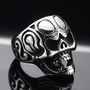 Vintage silver gothic skull open ring with intricate floral carvings in stainless steel