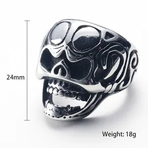 Silver skull ring with black vintage pattern, 24mm height and 18g stainless steel weight