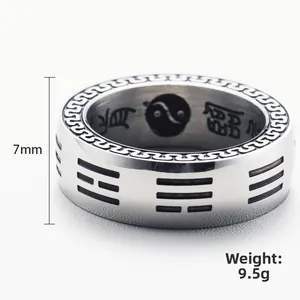 Anello Bagua vintage in acciaio inossidabile con simboli Tai Chi e fascia da 7 mm