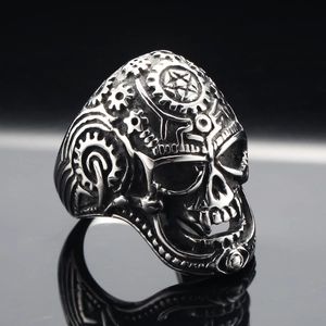 Anello teschio steampunk in acciaio inossidabile argento antico con incisioni meccaniche